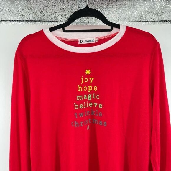 Dresswel Red Joy Hope Magic Believe Twinkle Christmas Long Sleeve Pajama Top L - Picture 2 of 11